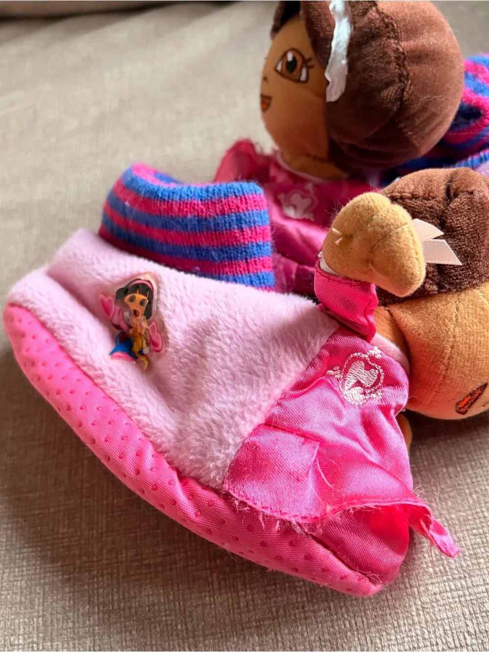 Vintage Y2K Girls Dora Pink Plush Slipper with Doll Accent